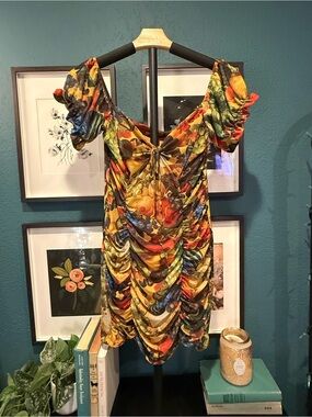 Urban Outfitters Mustard Yellow fruit print mesh ruched dress